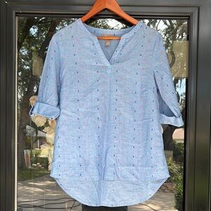 Chico's Blue Boxy Blouse with Cuffed Sleeves and Mandarin Collar